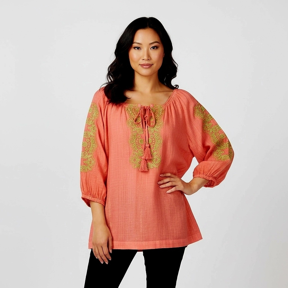 Eye Catching Coral/Pink Ombre Fade Boho Blouse Embroidered Metallic 100% Linen